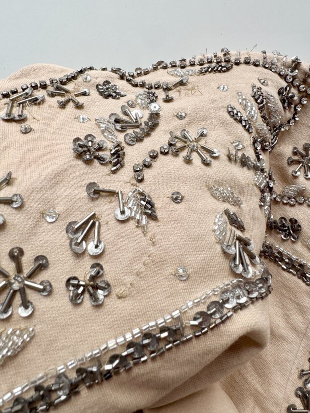 Anthropologie PILCRO Beige Beaded Sequin 100% Cotton Terry Sweatshirt, Size M - Picture 13 of 16